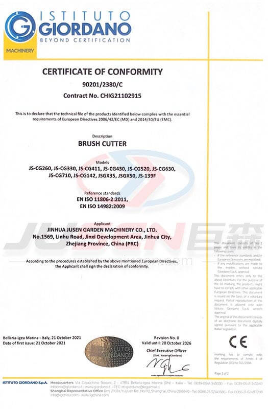 Brush Cutter Istituto Giordano Certificate of Conformity 